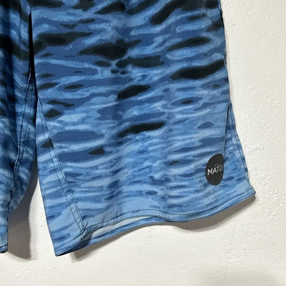 Matix Mens Board Shorts Sz. 32 Blue Black Water Waves Tie Front